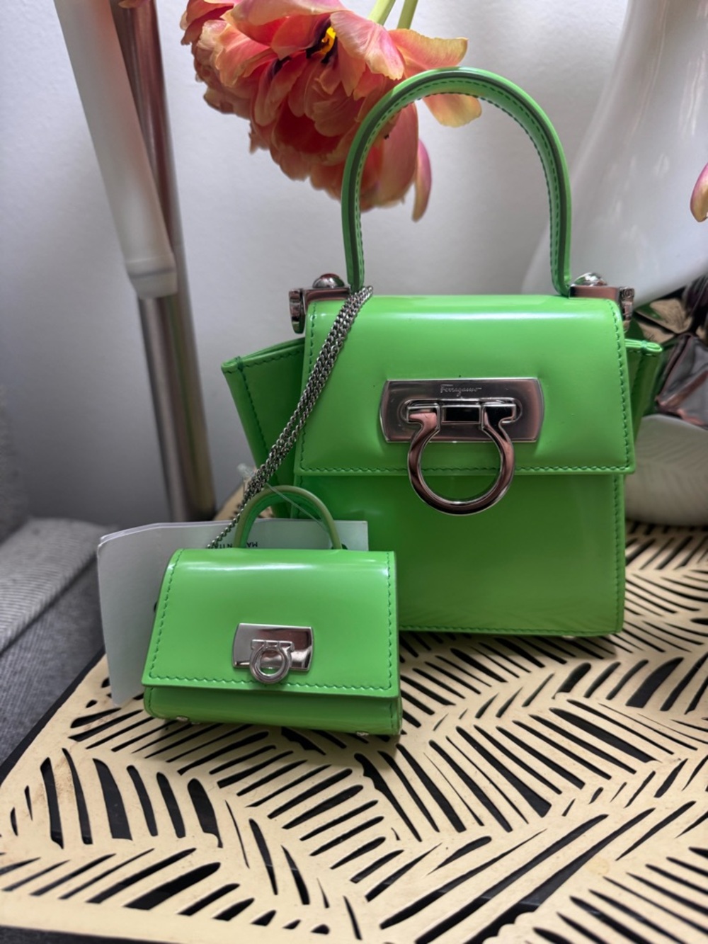 Salvatore Ferragamo Mini ICONIC Top Handle Bag with AirPod case charm